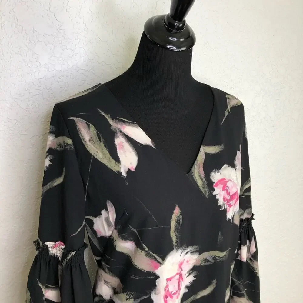 WHBM black pink floral v neck bell sleeve dress size 10
